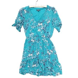 Express Green & Pink Floral Ruffle Puff Sleeve Coquette Bloomcore Dress
